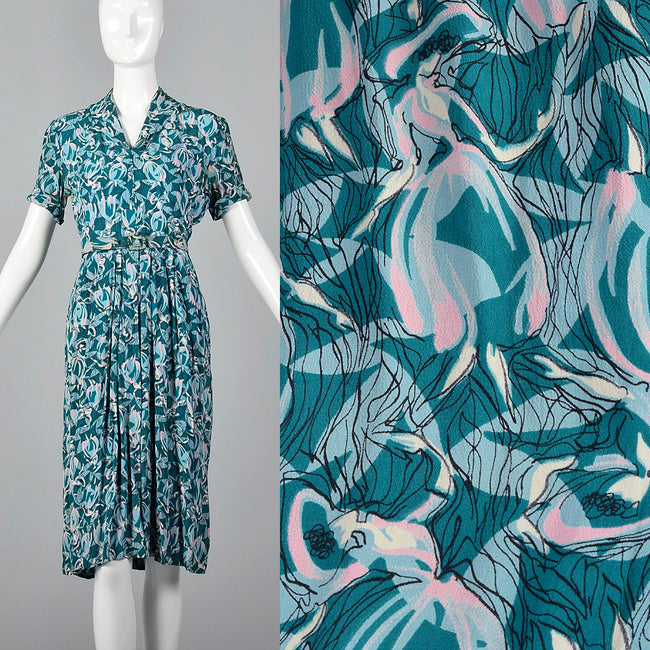 1940s Rayon Dress in Novelty Dancing Ladies Print