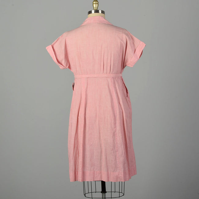 XXL 1950s Day Dress Pink Striped Lightweight Embroidered Belted Summer Short Sleeve