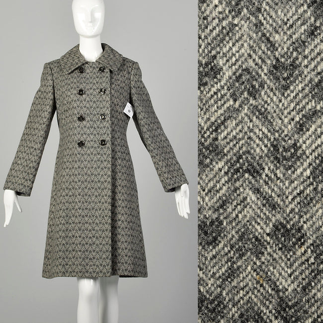 Small 1960s Coat Mod Gray Tweed Herringbone Double Breasted Winter Outerwear