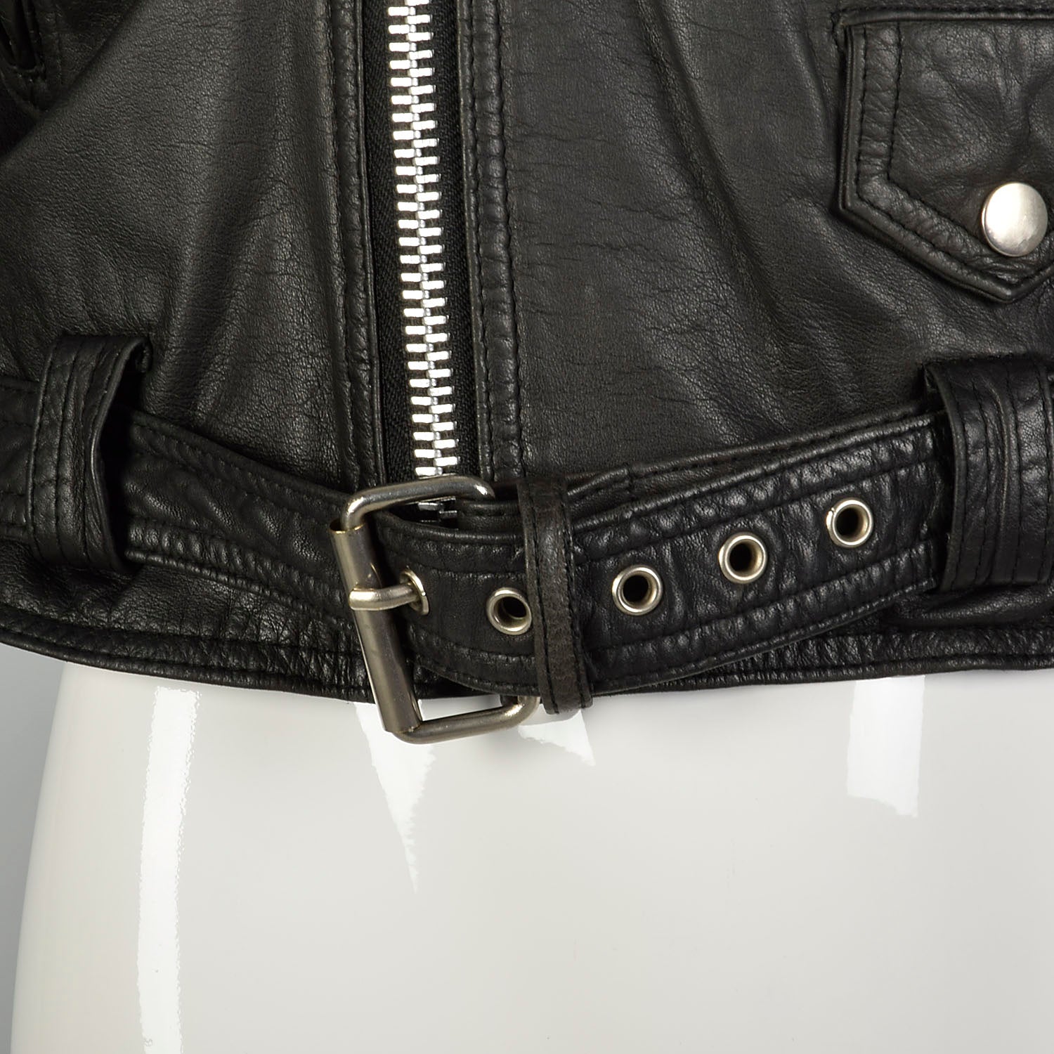 1990s Black Leather Cropped Biker Jacket Belt