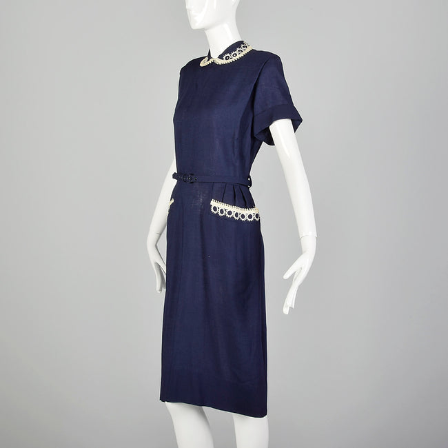 XL 1950s Navy Blue Day Dress