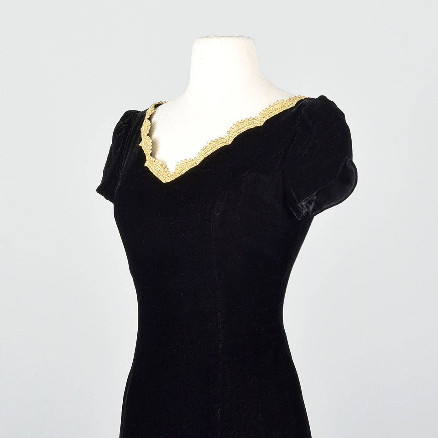 1950s Black Velvet Wiggle Dress with Gold Trim Collar