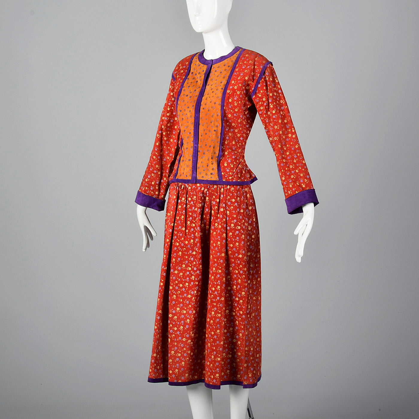 1970s Mario Valentino Suede Leather Two Piece Set with Silk Screen Floral Print