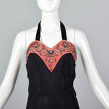 1930s Black Halter Dress with Pink Velvet Neckline