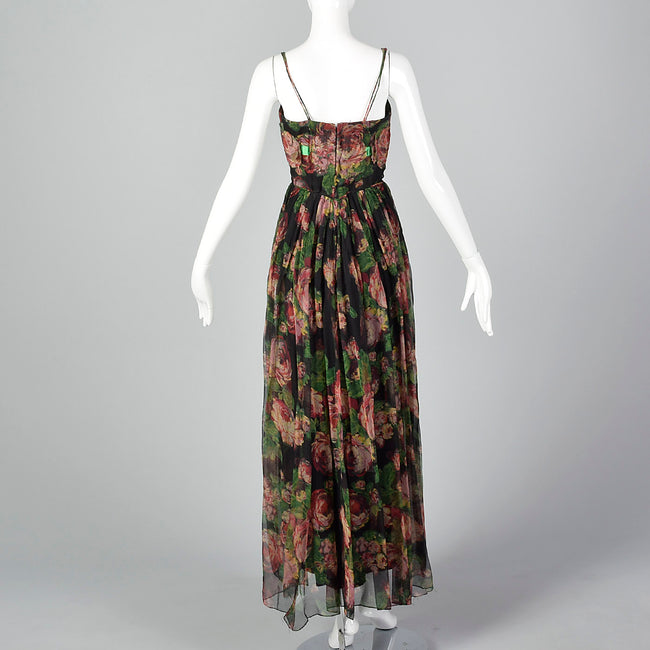 1960s Floral Evening Gown with Floral Applique Bust