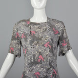 1940s Novelty Print Rayon Dress Gray Swirl with Birds