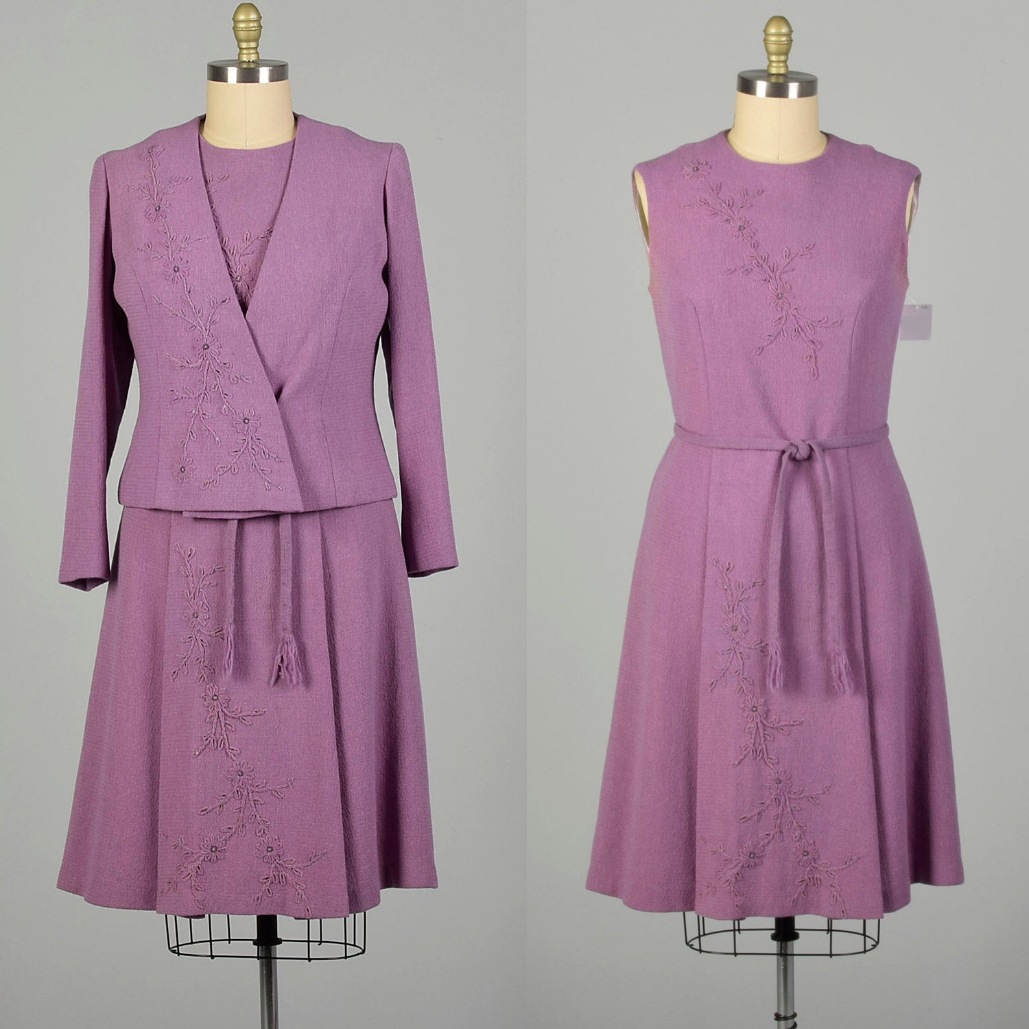 XL 1960s Set Purple Tweed Autumn Jacket Lilac Day Dress Ensemble