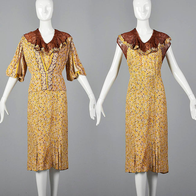 1930s Yellow Floral Dress with Open Sleeve Jacket