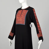 XL 1970s Neiman Marcus Black Dress Wool Embroidered Kaftan