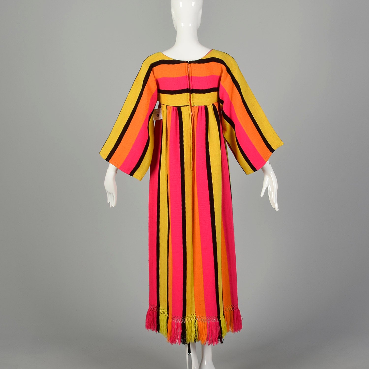 XXS 1970s Dress Long Sleeve Maxi Fringe Hem Hot Pink Bold Stripes