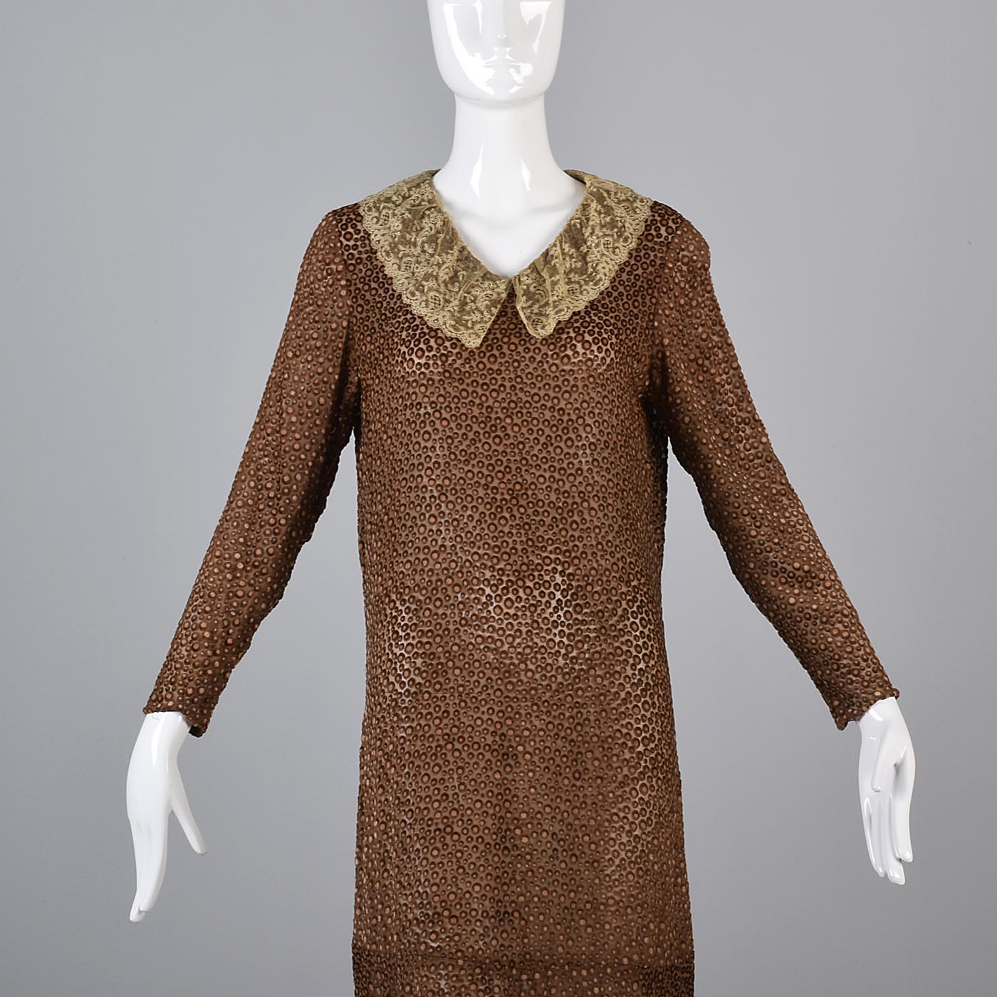 1920s Brown Silk Dress with Lace Trim