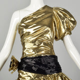Medium 1980s Gold Lamé Prom Dress Asymmetric Drop Waist