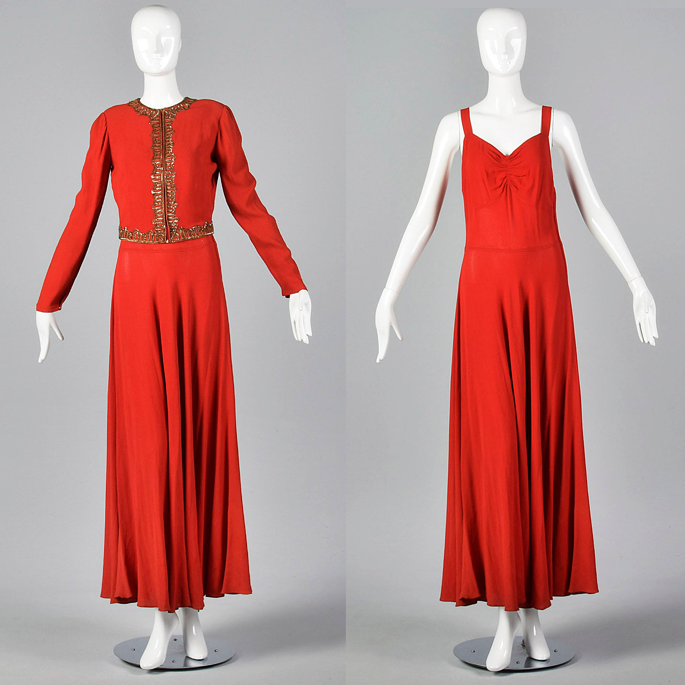 1940s Red Crepe Evening Dress & Matching Jacket with Sequin Trim Style & Salvage 1940s Red Crepe Evening Dress & Matching Jacket with Sequin Trim Style & Salvage