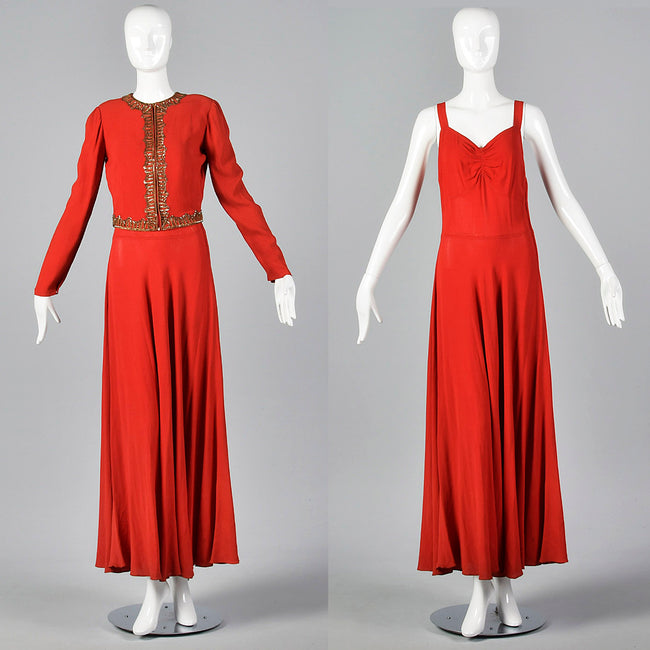 1940s Red Crepe Evening Dress & Matching Jacket with Sequin Trim