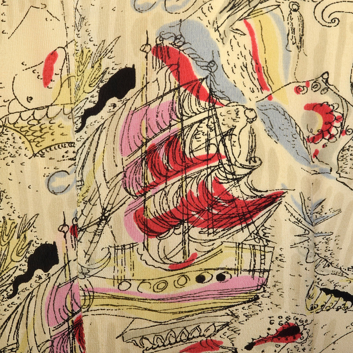 1940s Novelty Print Silk Dress with Neck Tie