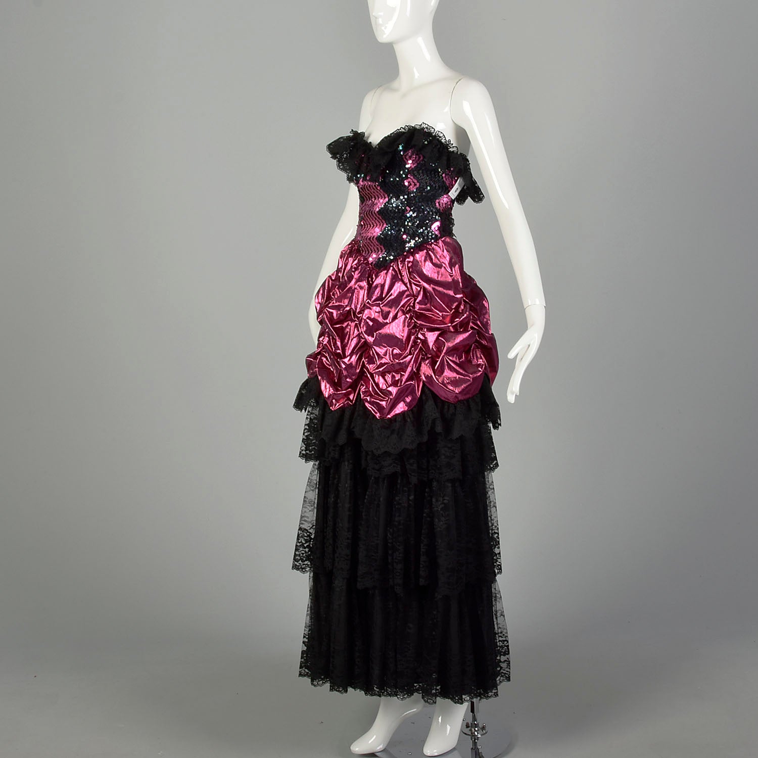 1980s Pink Prom Dress Saloon Girl Strapless Lame Gown Black Lace Sequi Style & Salvage 1980s Pink Prom Dress Saloon Girl Strapless Lame Gown Black Lace Sequi Style & Salvage