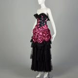 1980s Pink Prom Dress Saloon Girl Strapless Lame Gown Black Lace Sequins