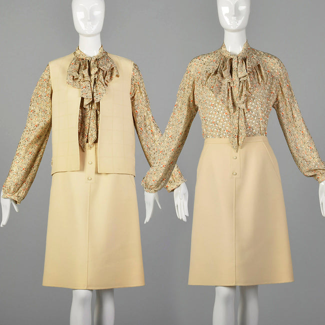 Small 1970s Andre Laug Cream Skirt Set with Blouse and Vest