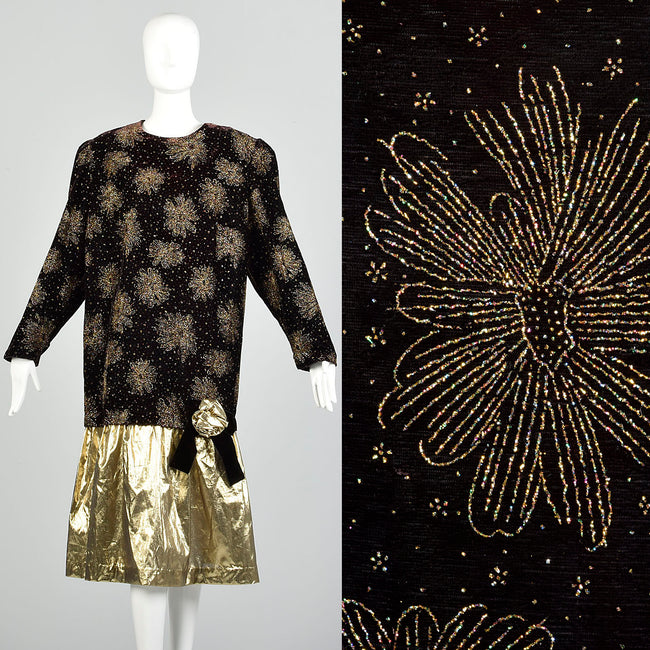 2XL-3XL 1980s Kelli Kaye Black Velvet Long Sleeve Glitter Prom Dress