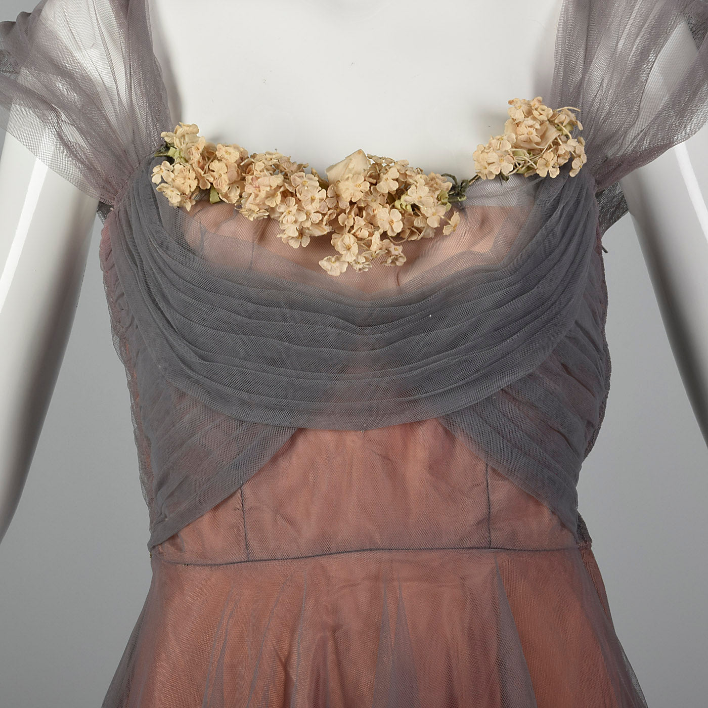 1950s Gray and Pink Mesh Dress with Faux Flower Bust