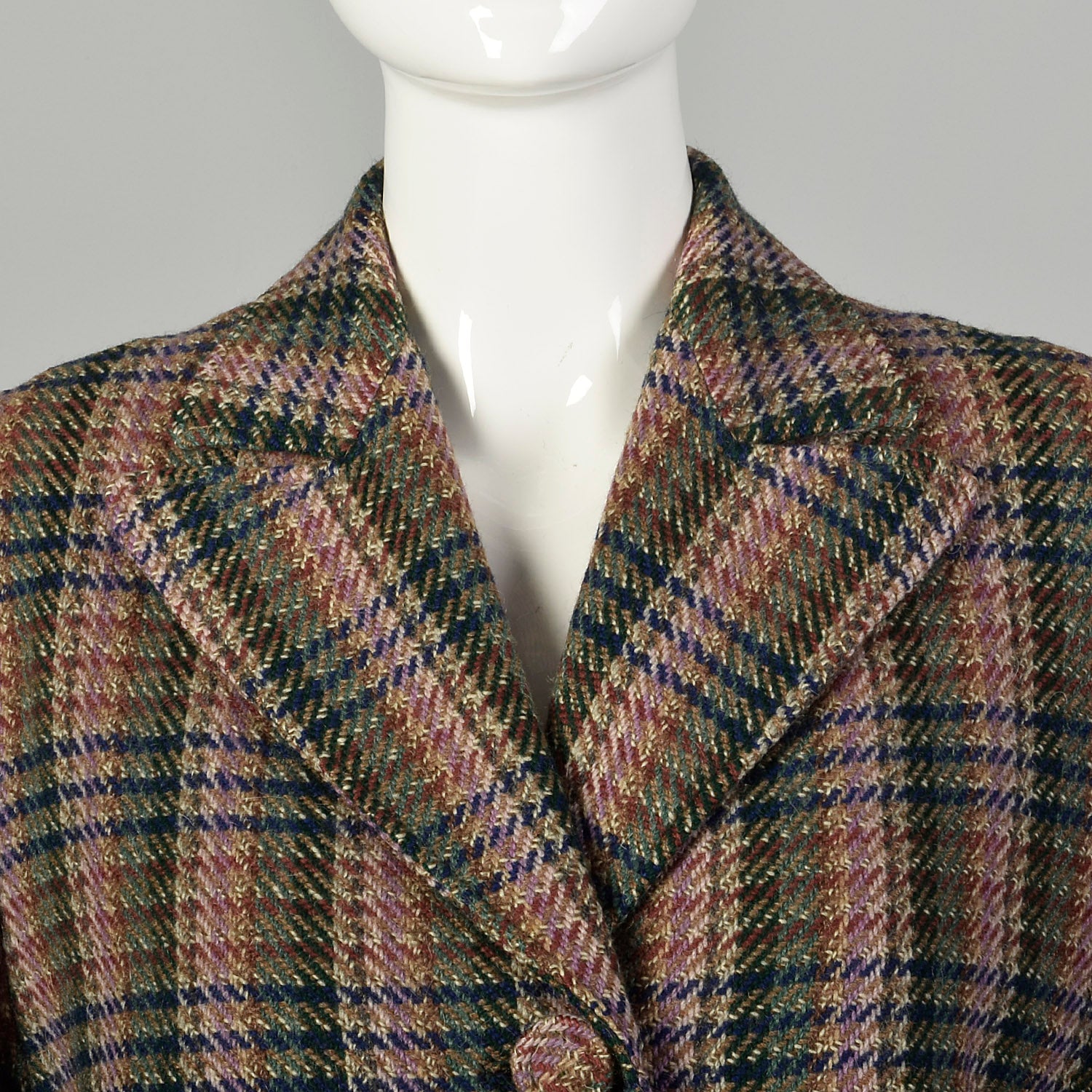 Medium 1950s Lavender Green Navy Tweed Plaid Coat Covered Buttons Winter Weight