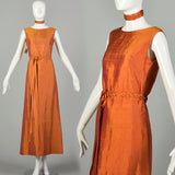 Small 1990s Orange Red Gold Silk Dupioni Sharkskin Dress with Belt and Accessories