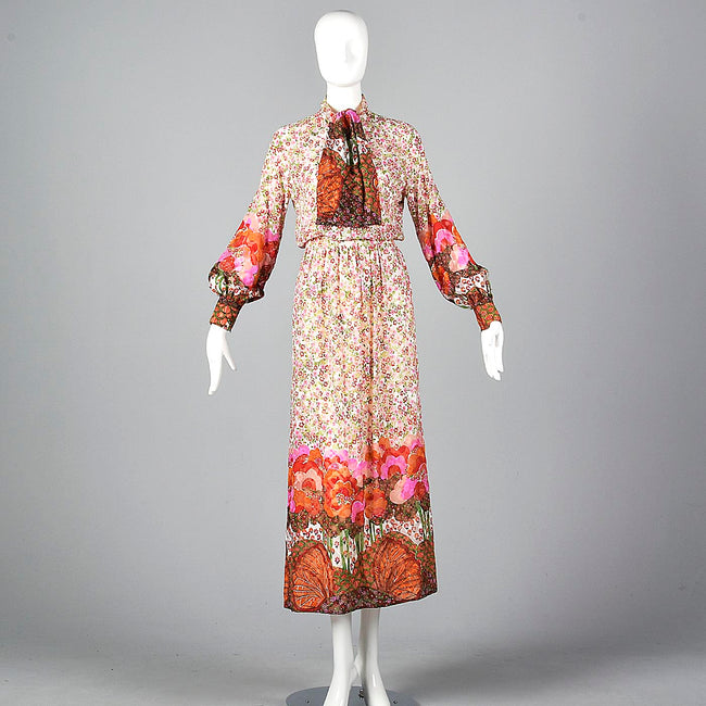 1970s Bohemian Harold Levine Silk Two Piece Separates Set
