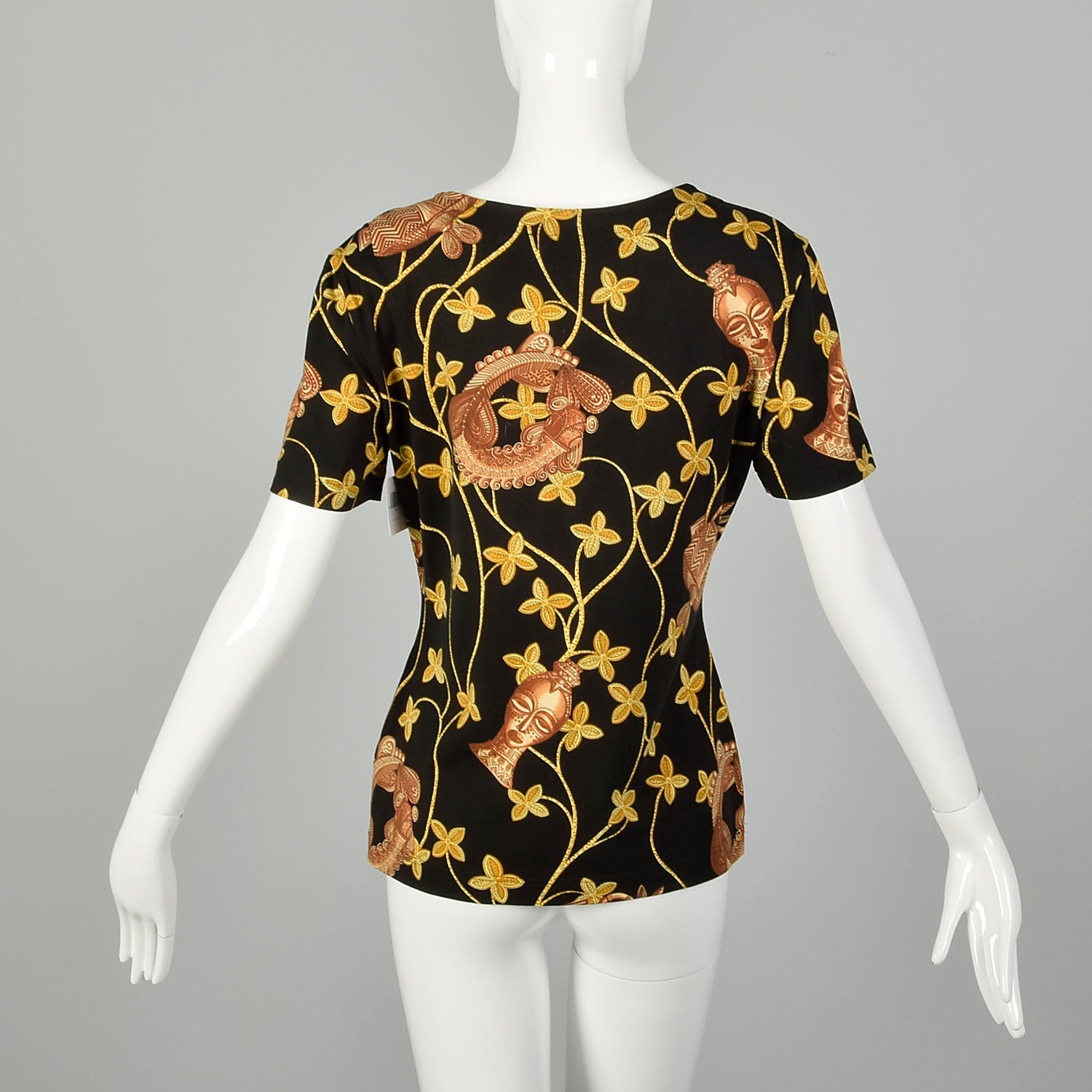 Escada Novelty Gold Ethnic Print T Shirt Black Short Sleeve Top