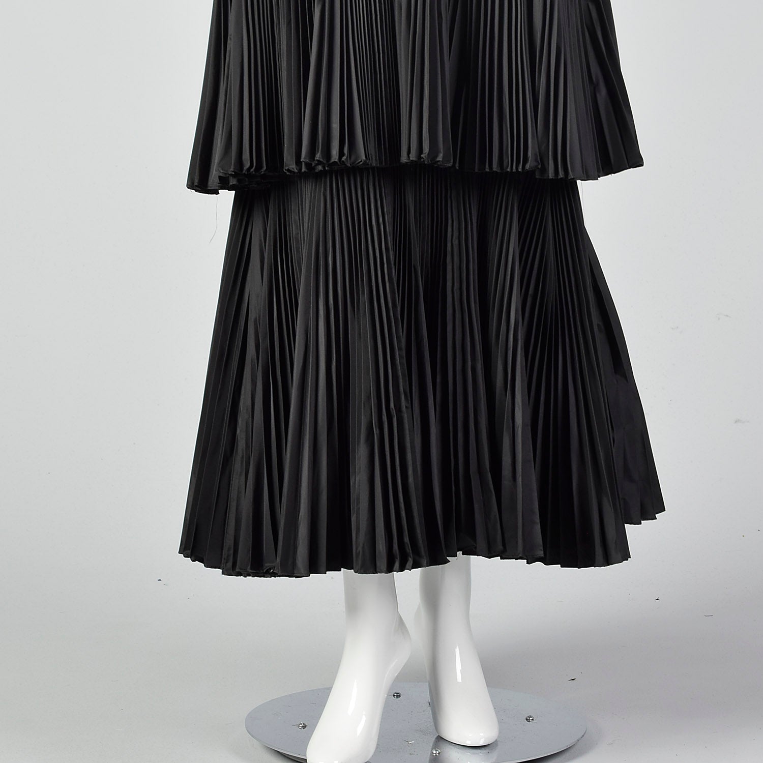 1970s Richilene Black Pleated Maxi Dress with Mesh Top