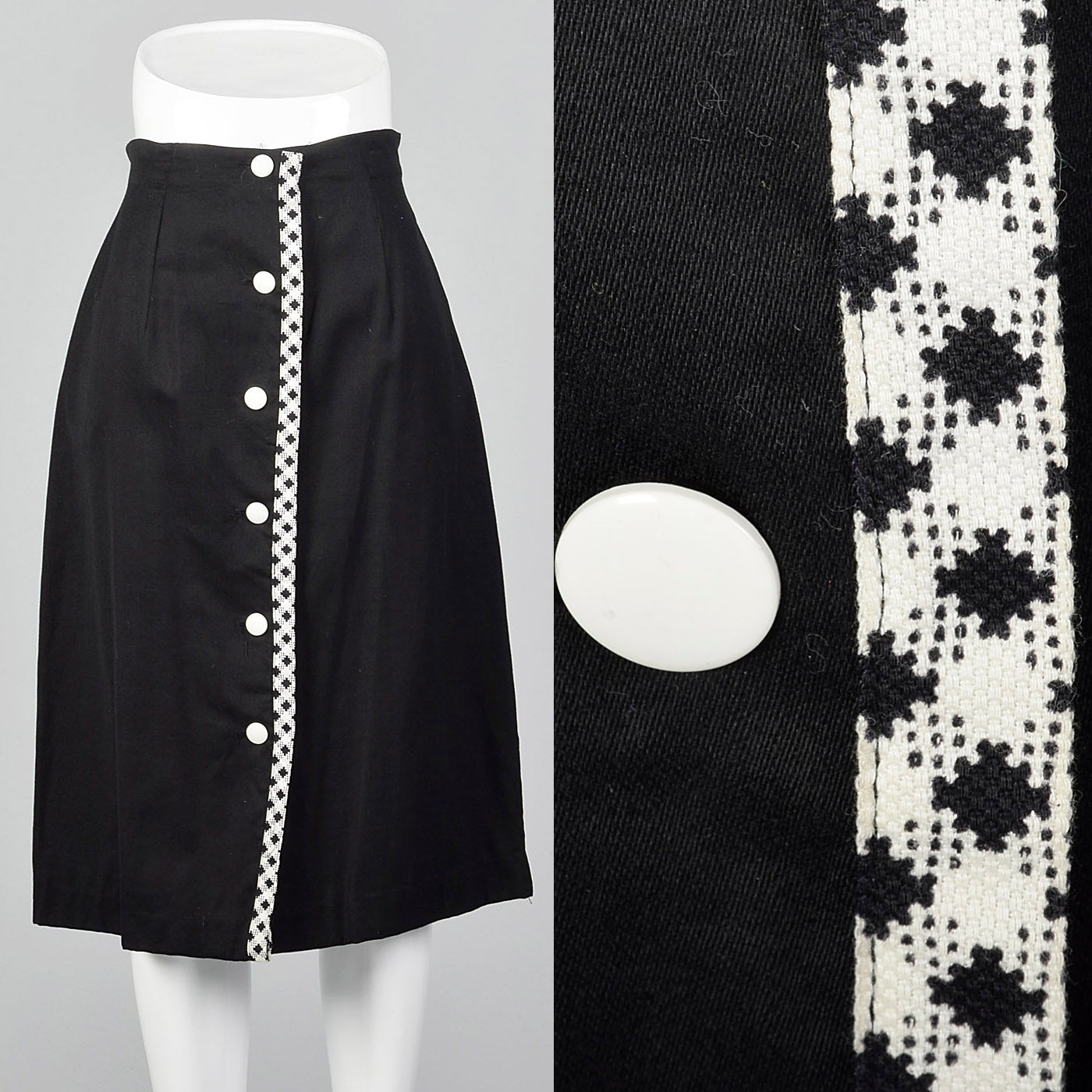 1960s Black Polished Cotton Skirt with White Trim