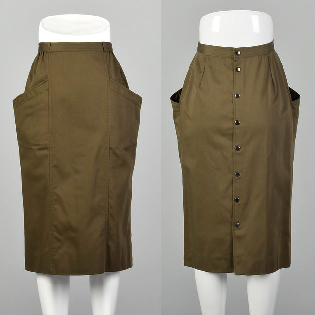 XS Rodier 1970s Green Twill Pencil Skirt With Large Pockets And Snap Up Back