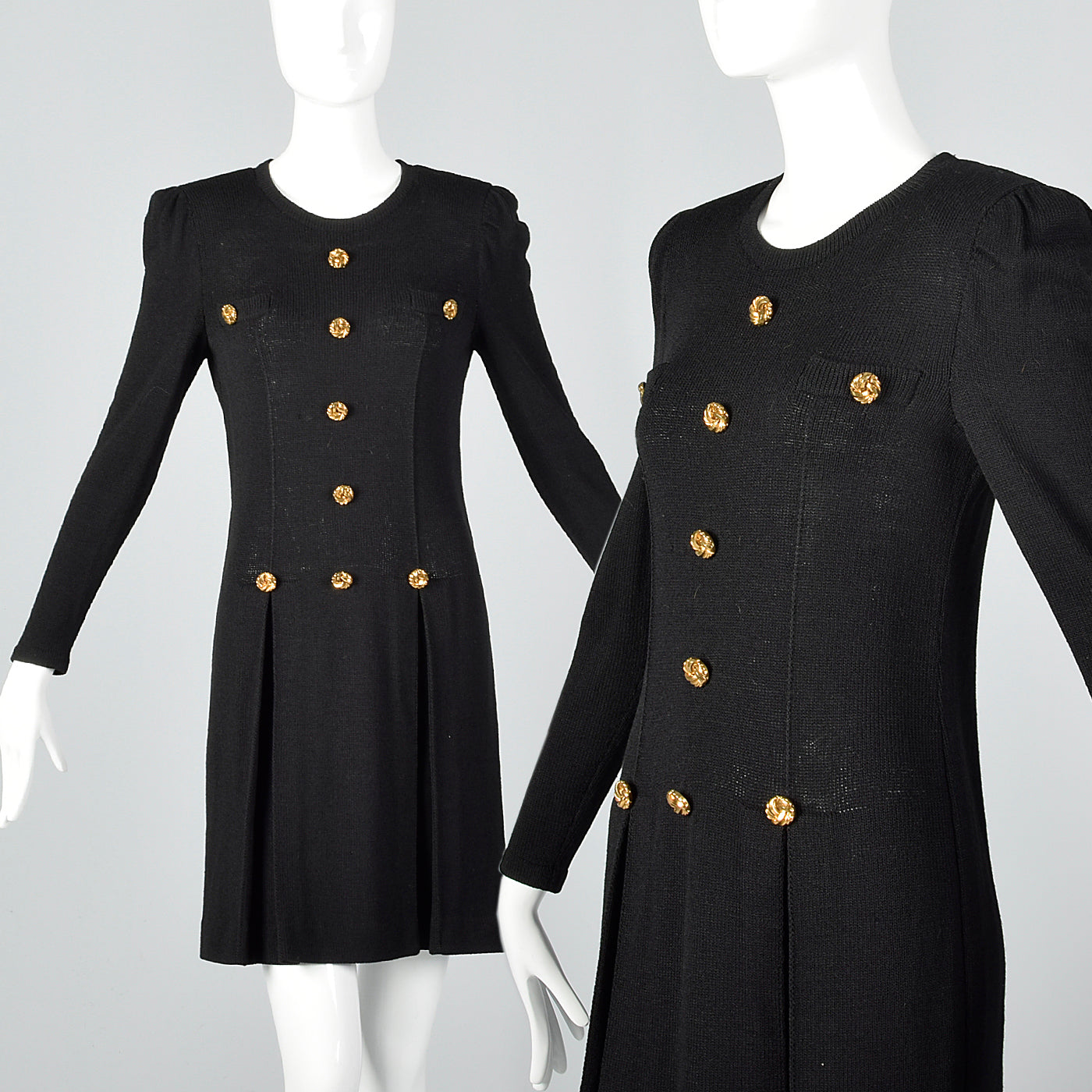 1980s Black Knit Dress with Gold Buttons