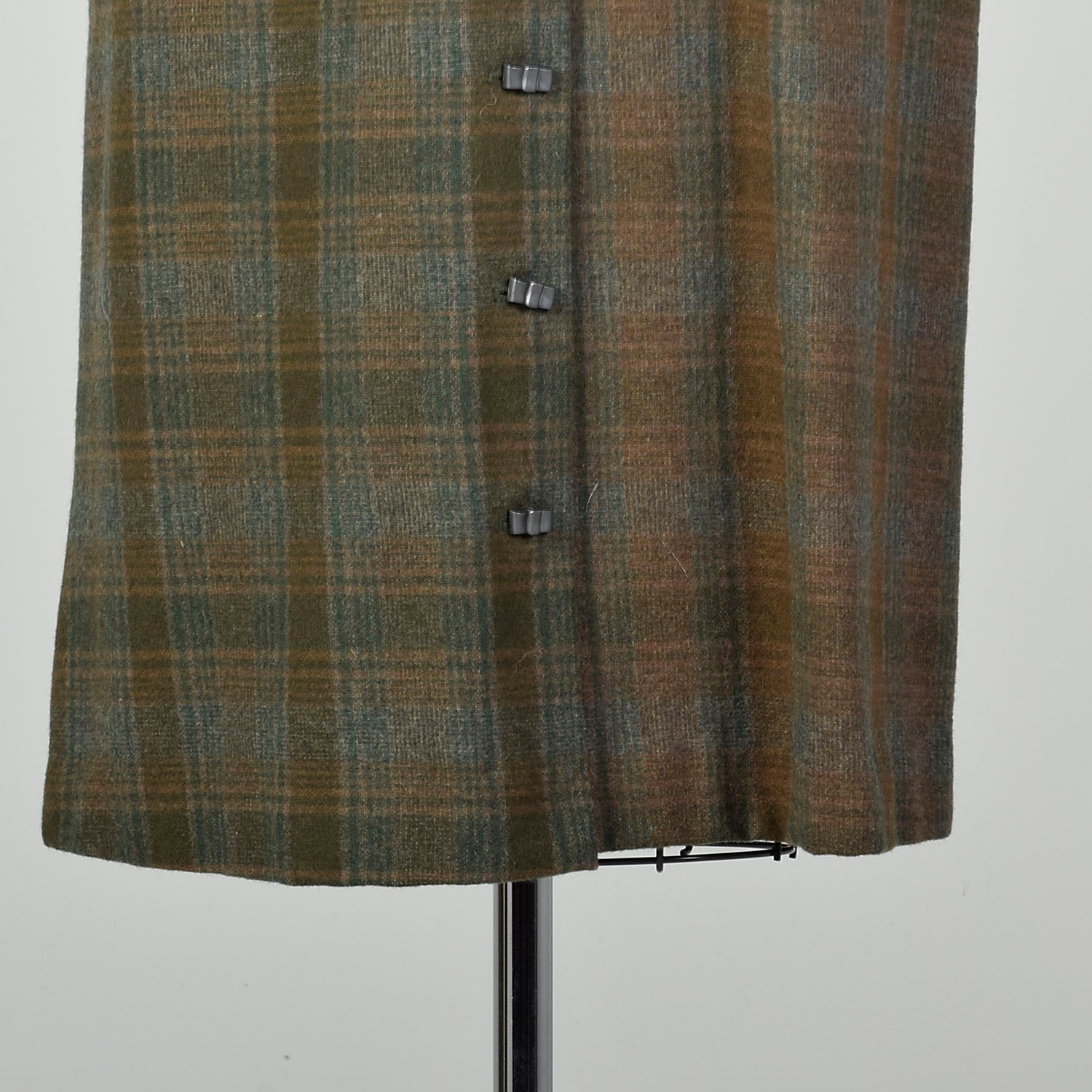 XL-XXL 1950s Wool Button-up Dress Green and Brown Plaid Button-up