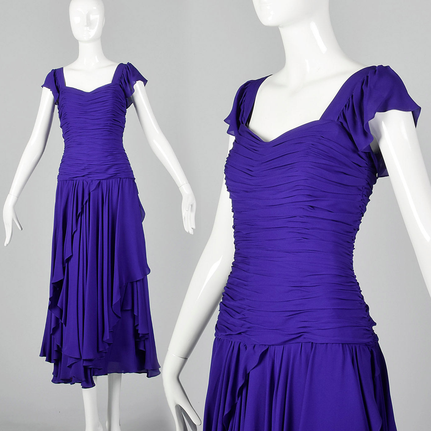 1980s Purple Gown with Ruched Bodice and Flutter Cap Sleeves