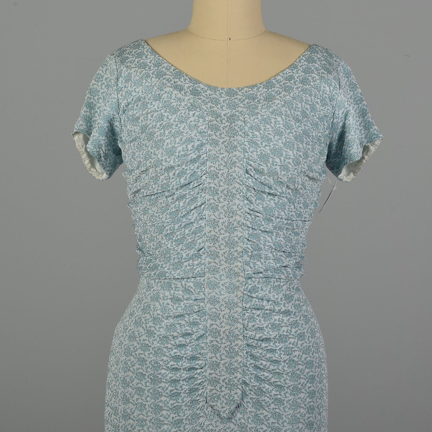 Small 1960s Blue and White Lurex Floral Print Knit Dress