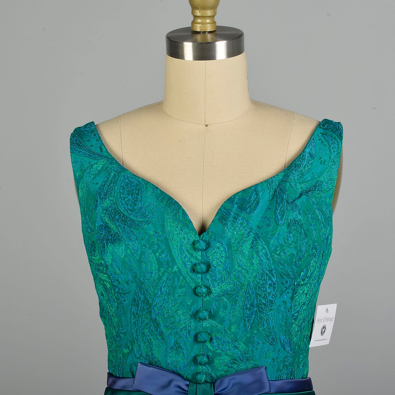 XS 1960s Blue Green Brocade Cocktail Dress Sleeveless Jewel Tone V-Neck Party Dress