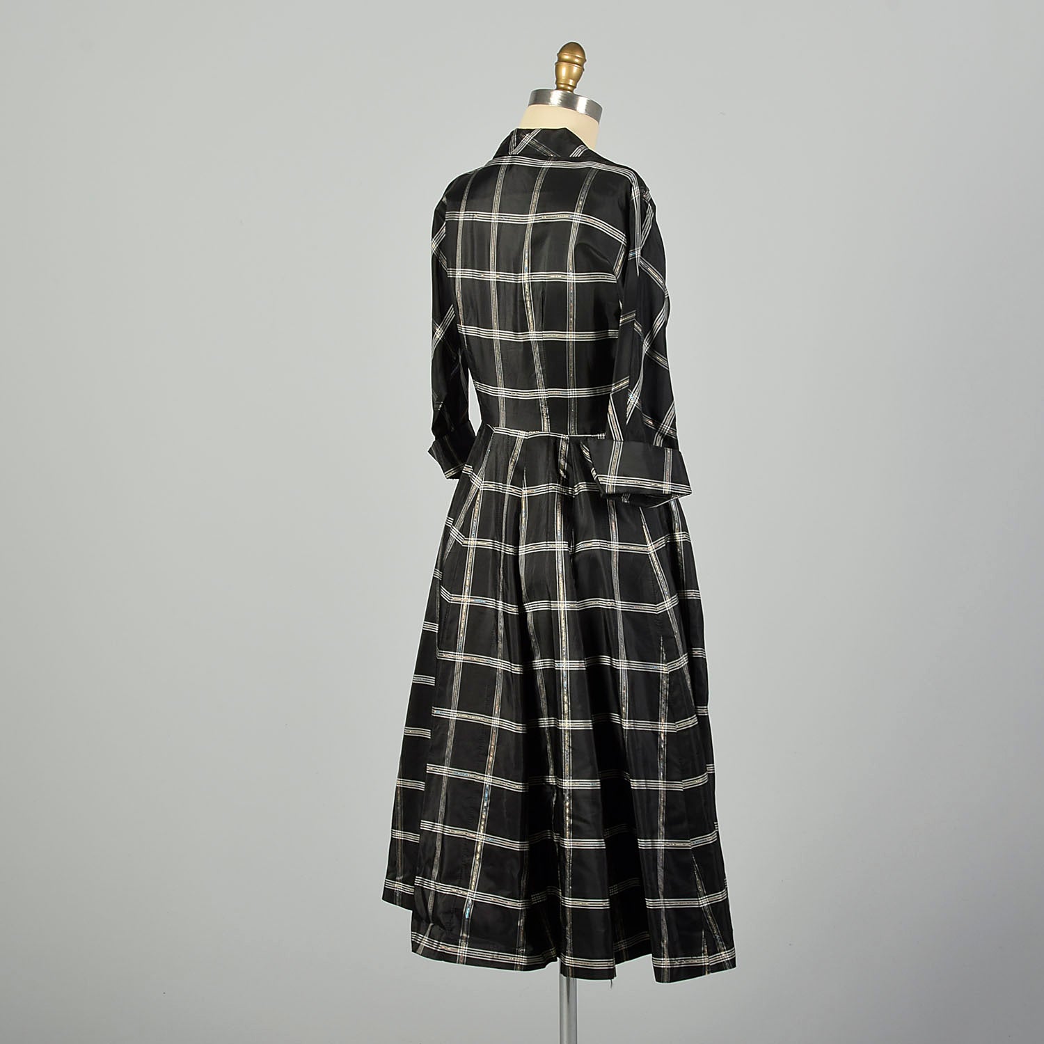 Medium 1950s Dress Black Taffeta Hourglass Plaid Cocktail Party Dress
