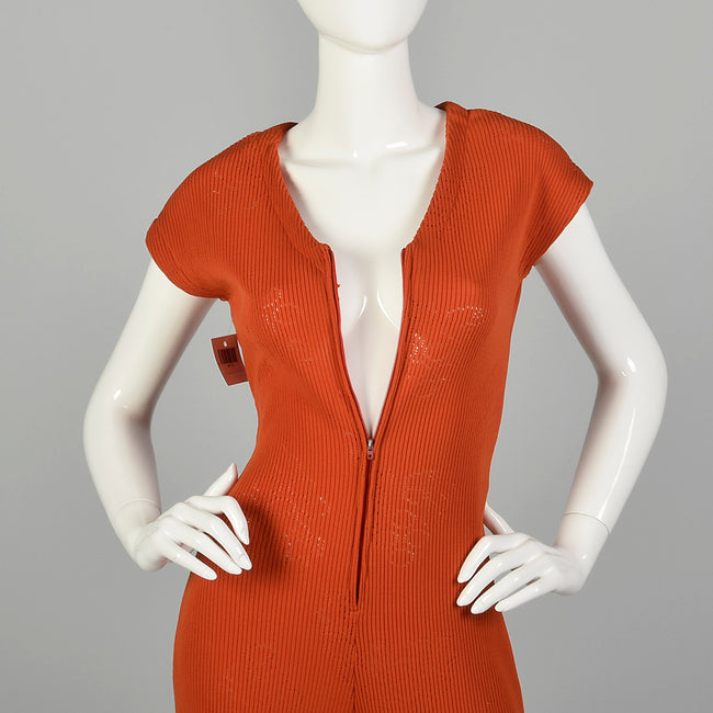 Small 1970s Wide Leg Orange Ribbed Knit Jumpsuit Sexy Tieback Waist