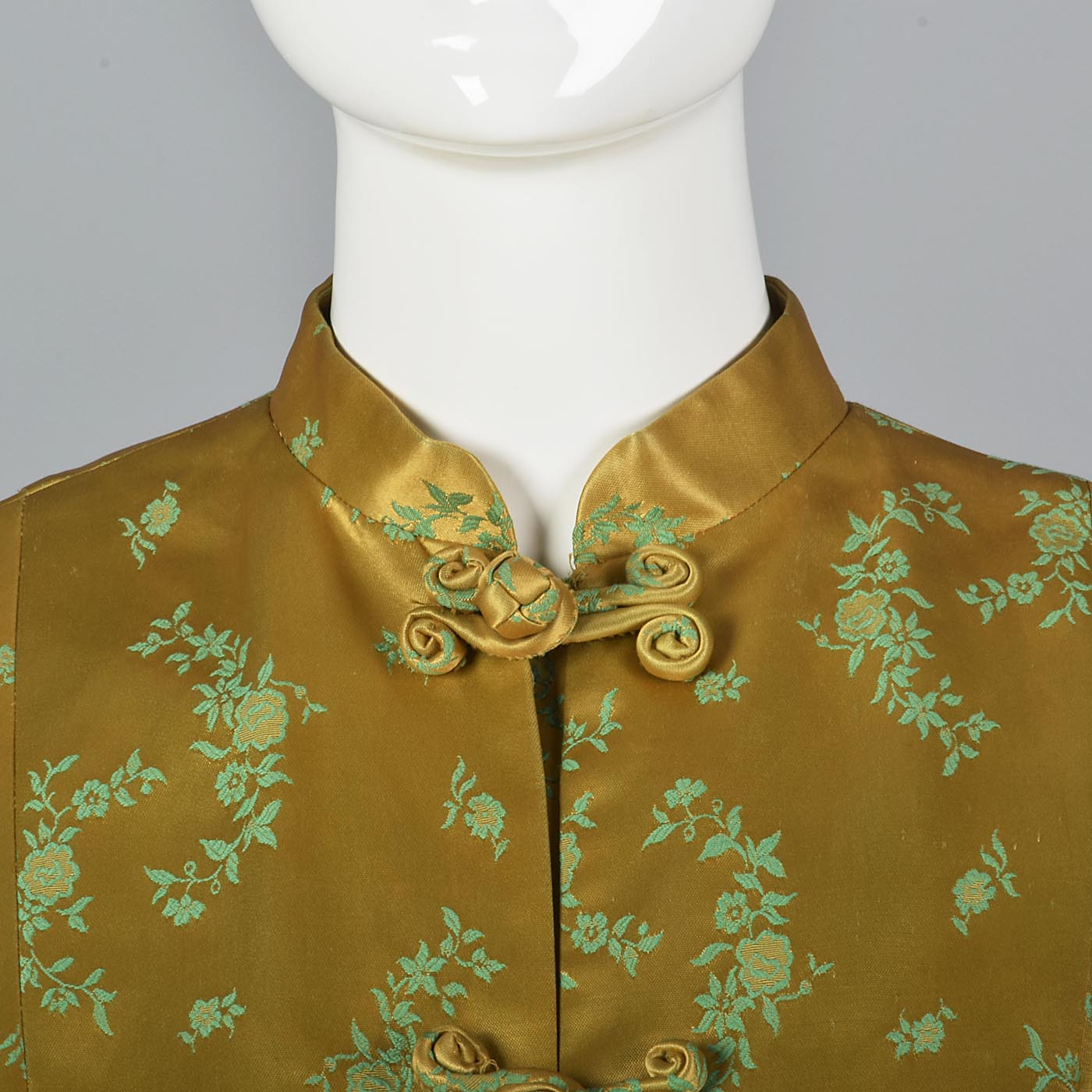 1960s Two Piece Dress  and Jacket Set in Mustard and Green Satin