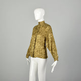 Medium 1980s St. John Blouse Green Gold Button-Up Silk Print Shirt