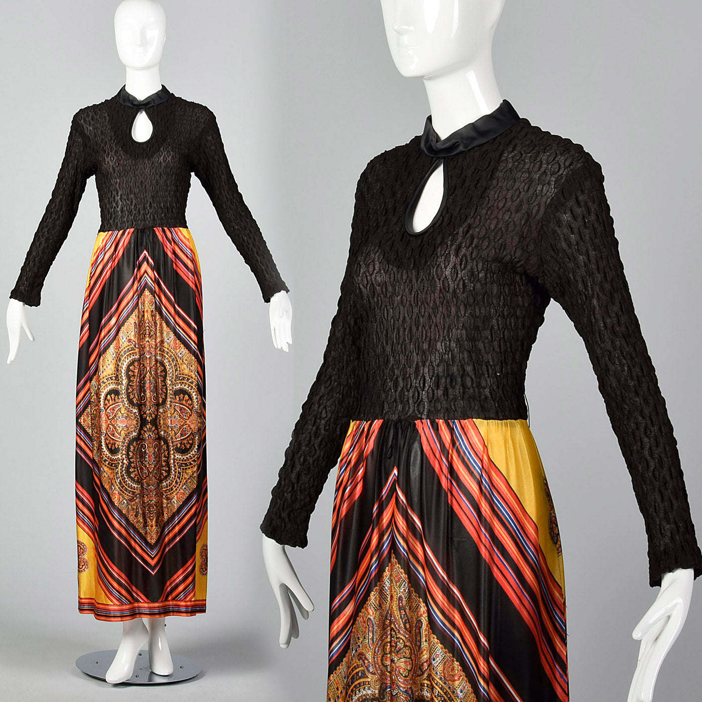 1970s Bohemian Multi-Color Long Sleeve Maxi Costume Dress
