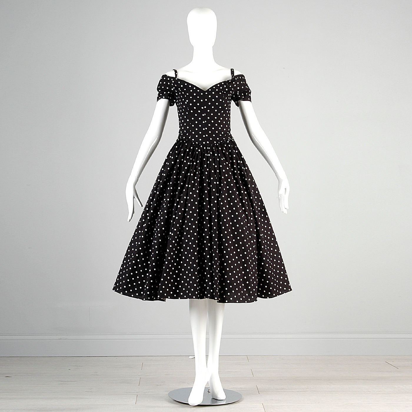1980s I. Magnin Off Shoulder Party Dress in Black with White Polka Dots