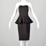 XS 1980s Black Peplum Cocktail Dress Strapless Sexy Party Pencil Dress