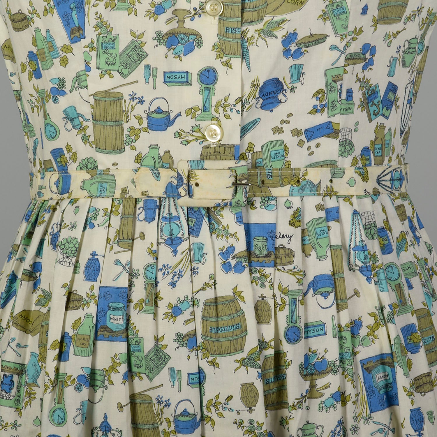 Large 1950s Day Dress Cotton Novelty Kitchen Cooking Print Short Sleeve Summer