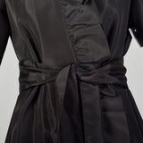 XS 1980s Black Taffeta Wrap Coat Lightweight with Ruffle Trim
