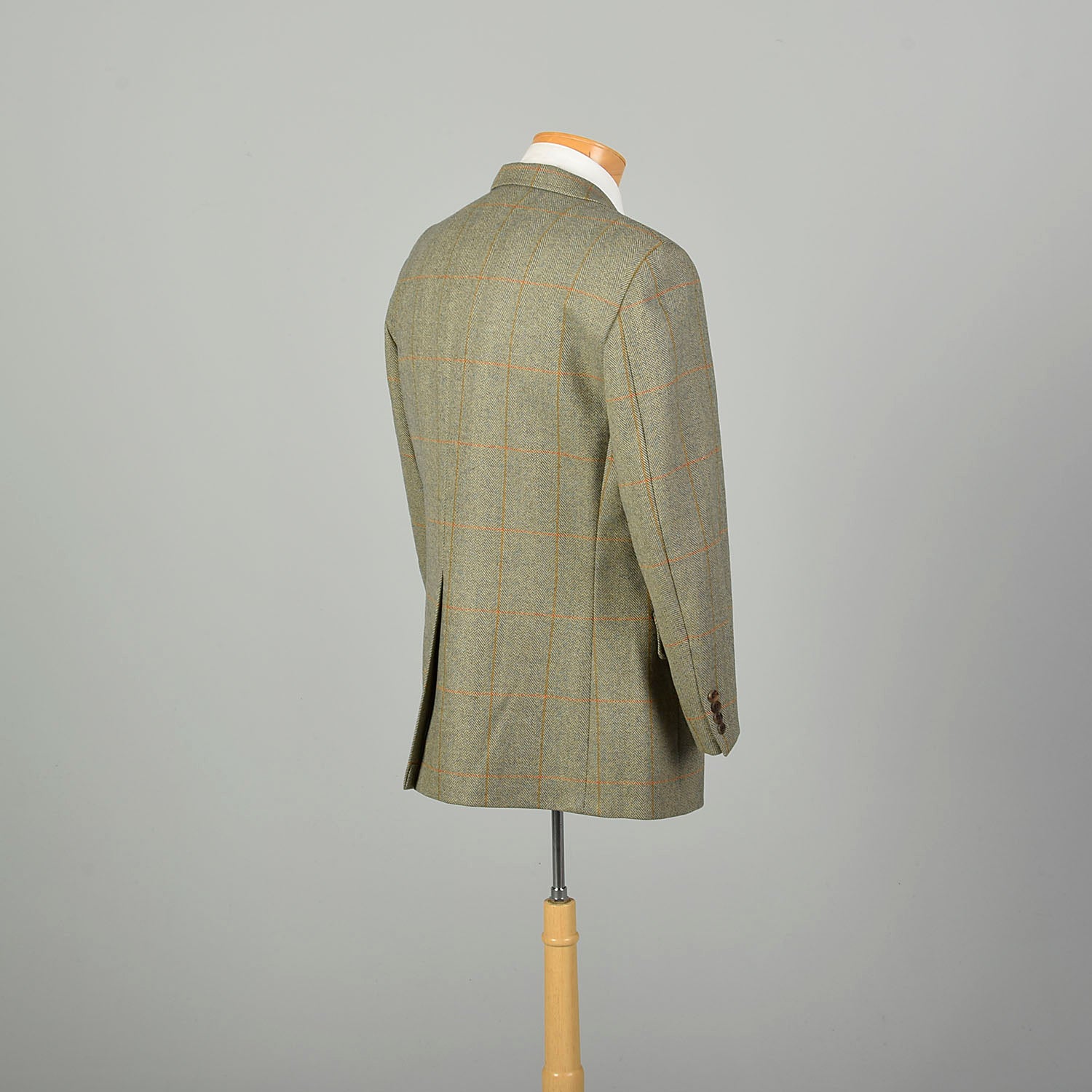 Large 1970s Green Copper Herringbone Plaid Blazer Two Button Front Single Vent Back Welt With Flap Pockets