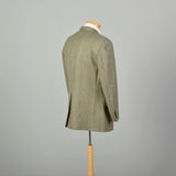 Large 1970s Green Copper Herringbone Plaid Blazer Two Button Front Single Vent Back Welt With Flap Pockets