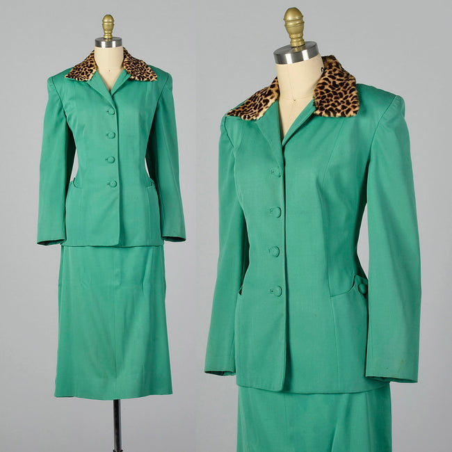 Medium 1950s Green Skirt Suit with Faux Leopard Collar