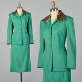 Medium 1950s Green Skirt Suit with Faux Leopard Collar
