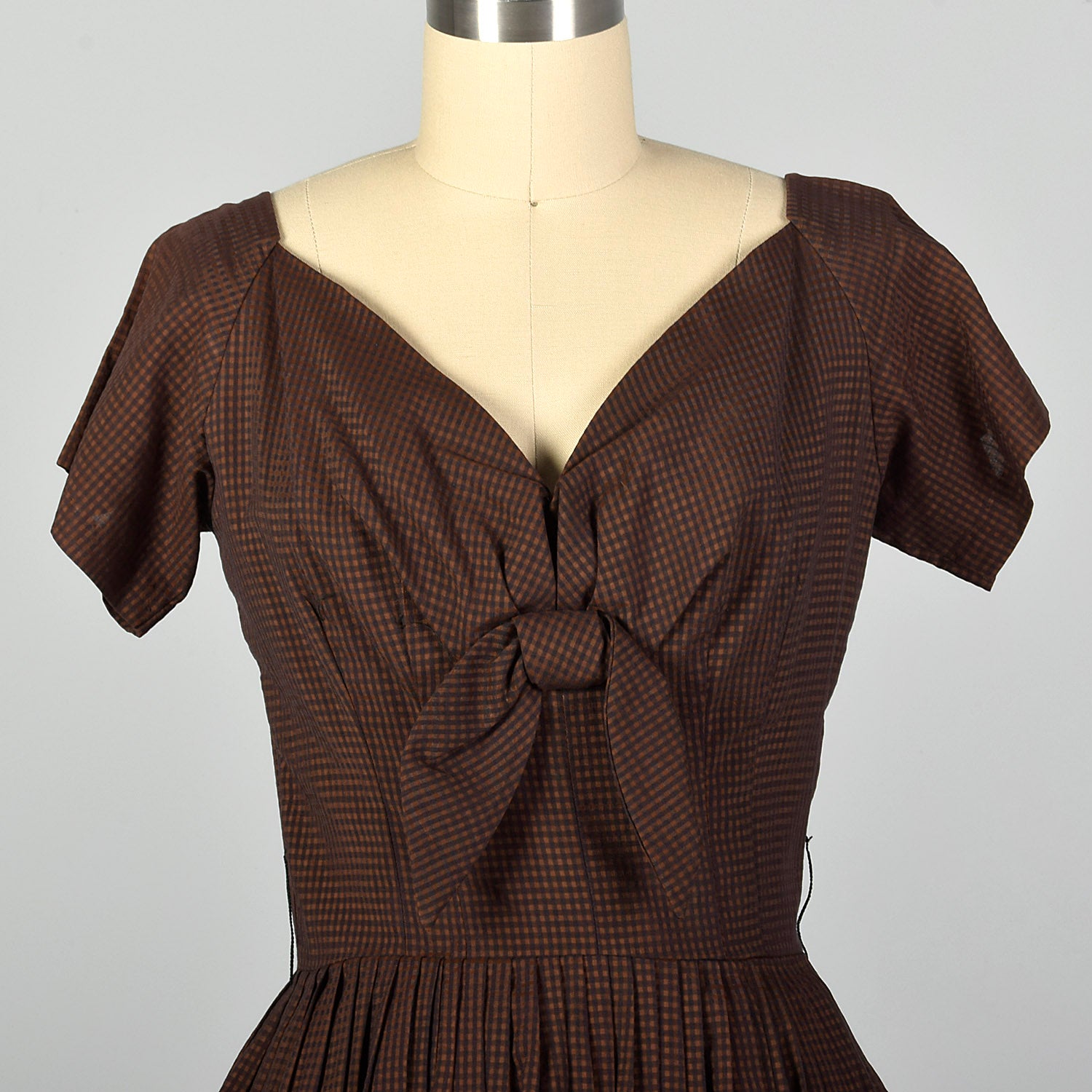XS 1950s Brown and Black Gingham Dress